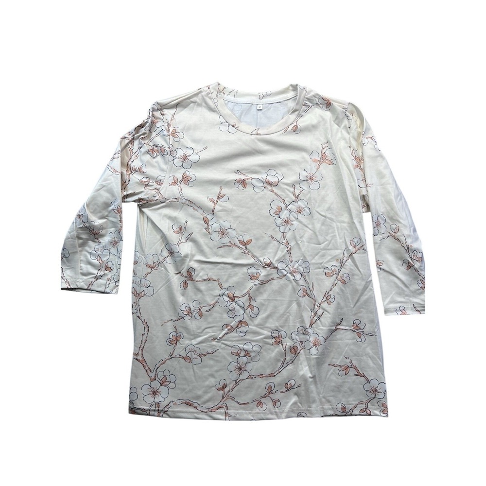 Women's 3/4 Sleeve Cherry Blossom Top T-shirt Classic Summer Beige Size Medium